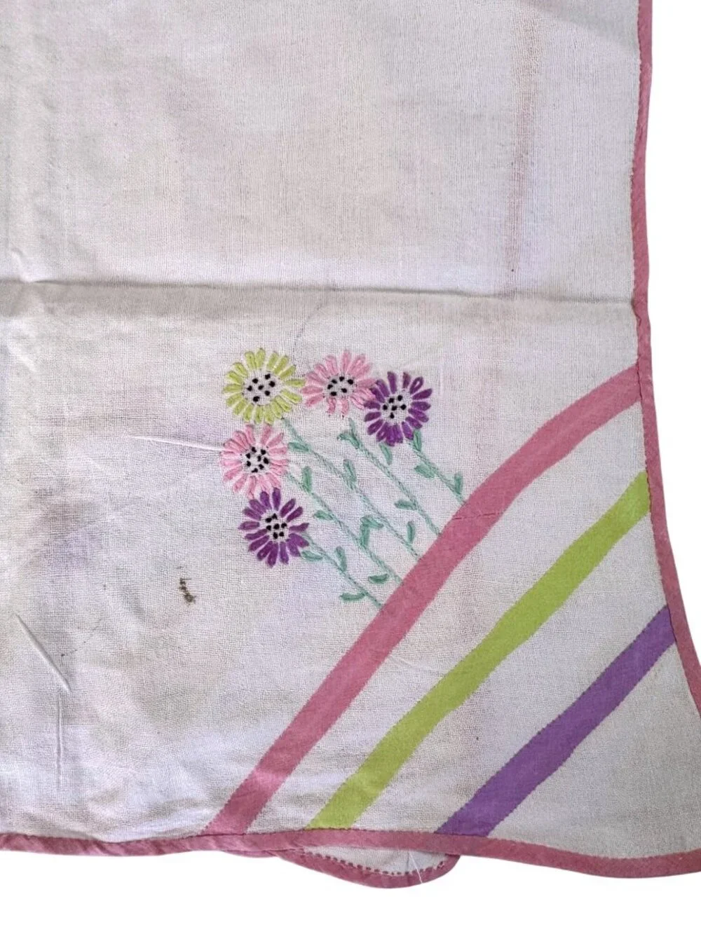 Vintage Hand Embroidered Floral Tablecloth Multi Color Stripes 42 x 30